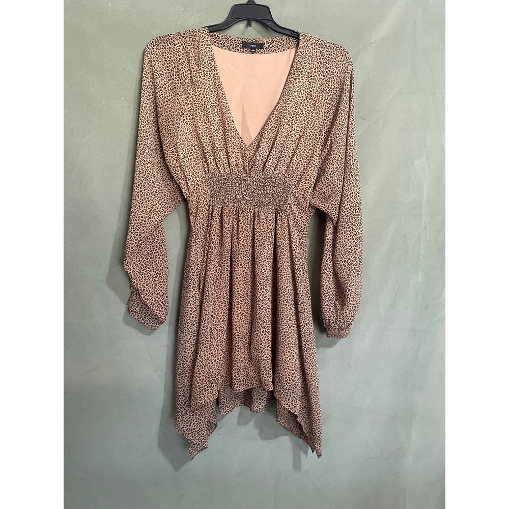 Fate Leopard Print V-Neck Smocked Waist Handkerchief Hem Mini Dress Large 292